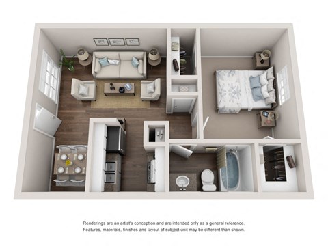 Floor plan for 1 bed, 1 bath, 640 sqft